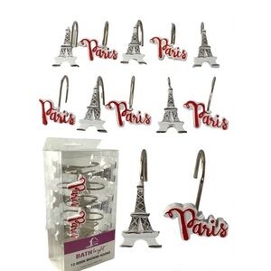 Paris Kiss Eiffel Tower Shower Curtain Hooks 12 PC Set Todays Living White